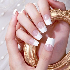 NELSHP Gel Nail Strips(French Tip)-No Nail Lamp Required, Salon-Quality, Easy to Apply & Remove - Includes 22Pcs Nail Stickers, 2 Prep Pads, Nail File & Wooden Stick (22, Clear+ White)