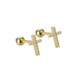 S925 Sterling Silver Dainty Small Tiny Cross with Pave Clear AAAAA Cubic Zirconia Stud Earrings Fashion Jewelry for Women (Gold Plated)