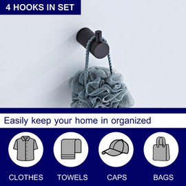 Gudetap (4-Pack Matte Black Towel Hooks Wall Mounted for Bathroom Bedroom, SUS304 Stainless Steel Round Bath Robe Hook Coat Hooks Clothes