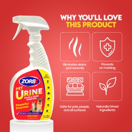 ZORBX Pet Urine Stain and Odor Remover Spray 24 FL Oz - Dog, Cat Urine Enzyme Odor Destroyer - Perfect Solution for Unpleasant Urine Odor and Stain Remover - Hardwood Floors & Carpet Cleaner