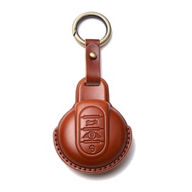 ontto Key Fob Cover Fit for MINI Cooper F54 Clubman F55 F56 F57 F60 Countryman 3 Buttons Vegetable tanned leather Key Case Keychain Keyring Keyless Accessories Brown