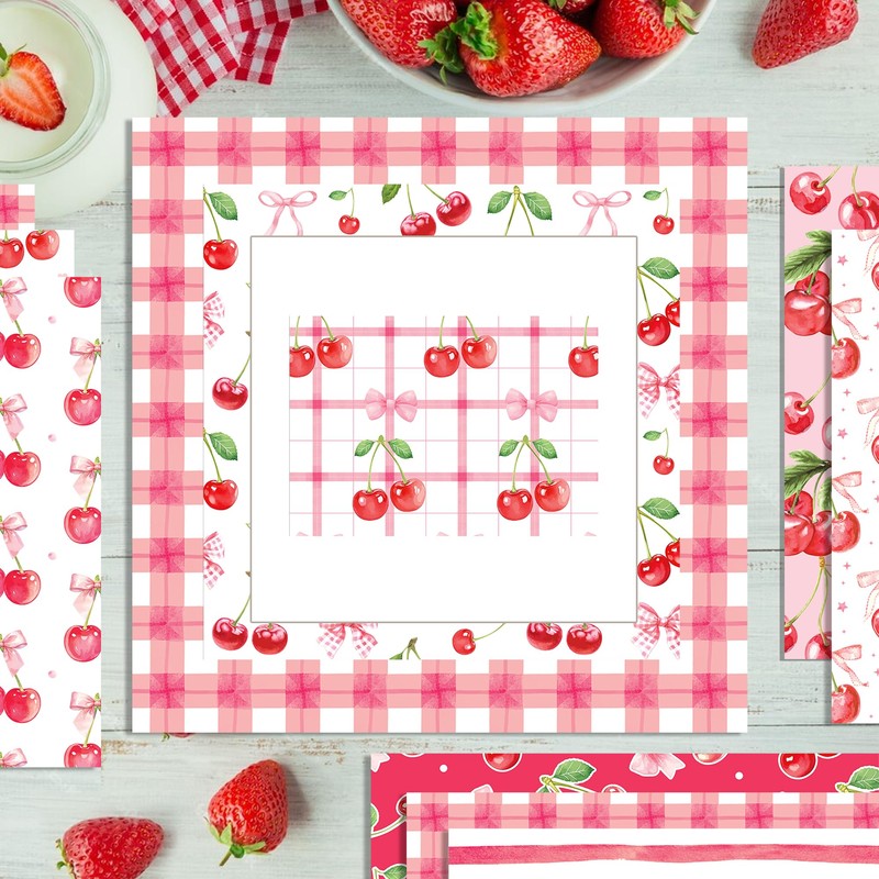 Cotrida 24 Sheets Cherry Fruit Scrapbook Paper, Pink Patterns Decorative