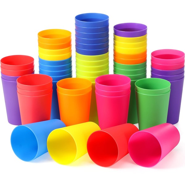 Potchen 54 Pieces Kids Cups Plastic Cups, 8.5 oz Reusable Cups Kids Drinking Cups Stackable Plastic Tumblers Colorful Cups Set Water Glasses for Kids for Toddler Baby Children Adults Dishwasher Safe