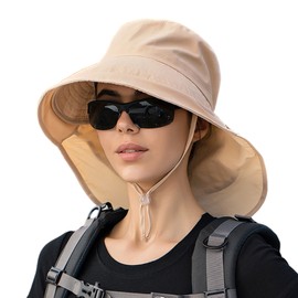 Women Sun Hat with Neck Flap Wide Brim UV Protection Bucket Hat with Ponytail Hole Chin Strap for Summer Outdoor Mountaineering Cycling