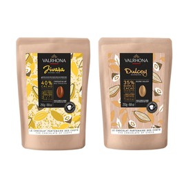 Valrhona Premium Baking Chocolate Discs (Feves), Milk JIVARA 40% with Hints of Vanilla and Malt, and Creamy Blonde Chocolate DULCEY 35% with Caramel Cookie Flavor Notes, for Cookies, Cakes, and more
