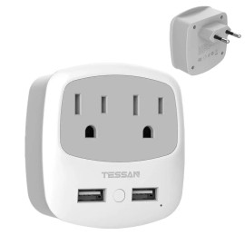 TESSAN European Power Adapter with 2 USB 2 American Outlet for US Travel to Spain Italy