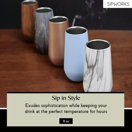 Sipworks Champagne Tumbler - 8oz Stainless Steel Wine Tumbler with Double Walled Vacuum Insulation - Spill Resistant, Shatterproof Insulated Champagne Flutes for Travel & Parties - White Marble