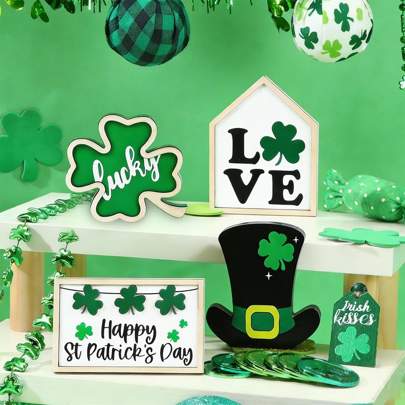 DIYDEC 6Pcs St.Patrick's Day Table Decoration Luck Shamrocks Wooden Signs