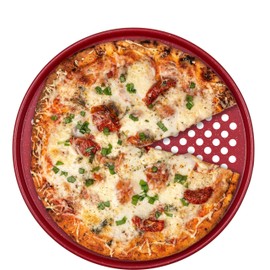 casaWare Perforated Pizza Pan 12-inch, Ceramic Coated NonStick (Red Granite)