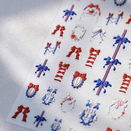 Cartoon Red Blue Bow Nail Stickers with 5D Embossed Pearl Design Irregular Frames Nail Art Stickers 3D Self-Adhesive Spring Nail Decals Summer Nail Manicure Accessories for Women Girls 1 Sheet