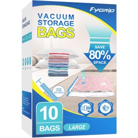 Fygrip 10 Pack Large Vacuum Storage Bags with Hand Pump, Plastic Packaging Bags, 80% Space Saver Vacuum Seal Bags for Clothing, Travel Lugggage, Blankets, Comforters