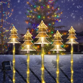 Christmas Snowflake Pathway Lights, 5 Pack Solar Christmas Stake Markers with Cool White Fairy Lights for Outdoor Holiday Walkway Patio Garden Christmas Decorations (Warm White-Tree)