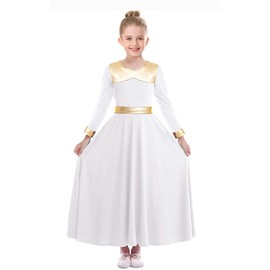 ZYACTU Long Sleeve Praise Dance Dress for Girls Metallic Liturgical Worship Dance Costumes Lyrical Costume Church Robe Tag 150,White, 11-12 Years