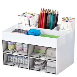 Desk Supplies Organisers, Desk Organiser with 4 Drawers White, Multifunctional Desk Organiser, DIY Desk Accessories Decor Pen Holder, Drawers Desktop Stationery Storage Box for Office School Home