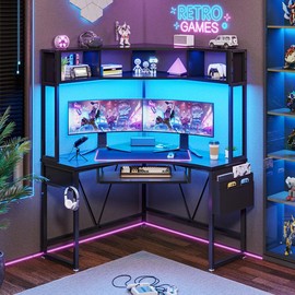 SEDETA CORNER DESK WITH KEYBOARD TRAY, STORAGE POCKET AND HEADPHONE HOOK Triangle Corner Computer Desk Office Desk Furniture Gaming Shelf Modern - Color: Rustic Brown