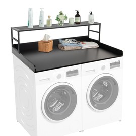 Fandiar Washer Dryer Countertop with Shelf, 27.5" Depth x 54" Width Laundry Countertop Wood Topper with Edge Rails & Non-Slip Pads, Black