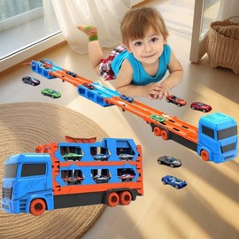 TANSAR Transporter Truck Toy Car, Car Toy from 3 4 5 6 7 8 Years Boy, Portable Foldable Racing Track Car Transporter with 2 Race Cars, Children's Toy Gifts for 6 Year Old Boy, Blue