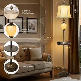 64" Vintage Floor Lamp for Living Room with Tray and Nightlight Farmhouse Tall Standing Lamp with Beige Faux Silk Shade Rustic Reading Lamp Decor for Bedroom Home Office Hotel Bar (Led Bulb Included)