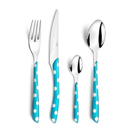 Amefa ECLAT Cutlery for 4 People, Stainless Steel with High-Quality Plastic Handles in Turquoise Blue Polka Dots, 16-Piece