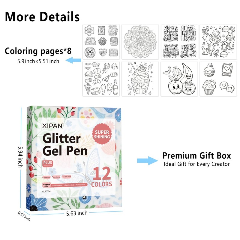 Xipan Jumbo Glitter Gel Pens Set of 12, Shimmer Sparkle