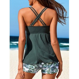 MiYang Tankini Swimsuits for Women 2025 Tummy Control Modest Flowy Two Piece Bathing Suits Top with Pockets Shorts White Green Needle Leaves Size XL