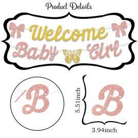 Welcome Baby Girl Banner,Butterfly Bow Baby Girl,Butterfly Themed Baby Shower Party Decorations,Sweet Bow Baby Girl Gender Reveal Party Supplies Gold & Rose Gold & Sliver