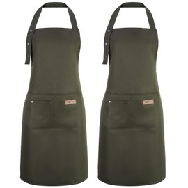 ViEinkaufen 2 Pack Kitchen Apron for Women - Adjustable Cooking Apron with Pockets, Unisex Canvas Waterproof Apron Chef Bakers Apron for Home Kitchen, Restaurant(Green)