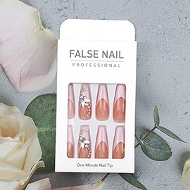 24 uñas postizas largas de acrílico para ballet, blanco francés, con diseño de mariposa, para mujeres y niñas