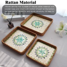 Abyjifar Square Serving Tray with Mother of Pearl Inlay, Boho Decor Coffee Table Wicker Woven Basket for Fruit Bread Food Candle Kitchen Home Set of 3 Sizes (Bohemian)