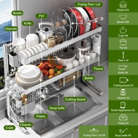 CUISIBOT Over Sink Dish Drying Rack, 3-Tier Adjustable 20.9''-33.4'' Full Stainless Steel Drainer Dish Rack, Expandable Multifunctional Kitchen Organizer with Pots and Pans Rack