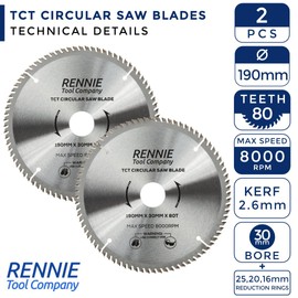 PACK OF 2-190mm x 80T TCT Saw Blade. 190mm Circular Saw Blade For Fine Cuts x 30mm Bore + 25mm/20mm/16mm Bore Reduction Rings Compatible With Bosch Makita Milwaukee Ryobi Dewalt Circular Saws etc