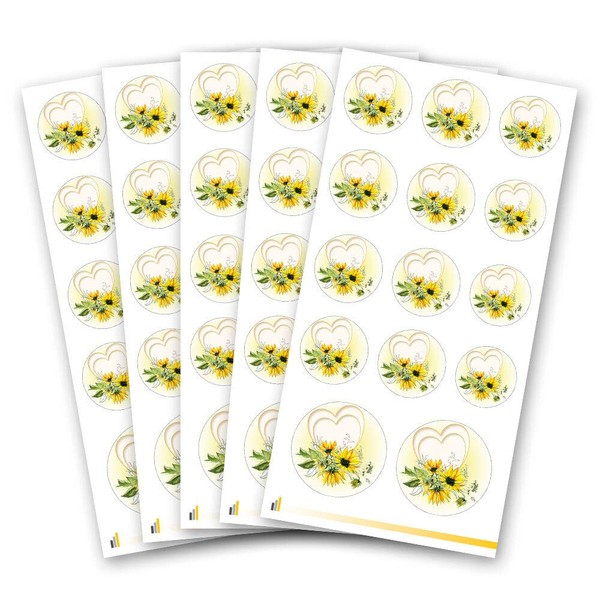 70 Flower Stickers, Heart with Sunflowers Design, 3 Different Diameters,