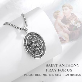 EUDORA Sterling Silver St. Anthony Necklace, Vintage Medal Pendant for Women & Men, 24inch+20inch Chain, Christian Catholic Jewelry Gift