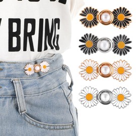 YBEATY 8 Piece Waistband Tightener Set with Daisy Flower Motif Removable Jeans Buttons Adjustable Instant Smaller Buttons Pins No Sewing Tool Buckle Clips Set for Women Loose Jeans