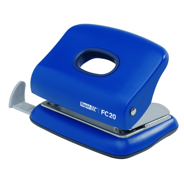 Rapid Fashion FC20 2 Hole Punch, Punches up to 20 Sheets, Adjustable Guide Bar, Ergonomic Design, Blue, 23256401