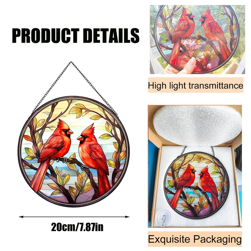 BDHRKTE Cardinal Bird Glass Window Hanger – Christmas Ornament for
