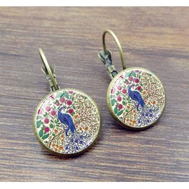 Aimys Retro Women Hand Painted Murano Glass Round Peacock Feather Ear Stud Fashion Pierced Earrings Gold (Peacock)