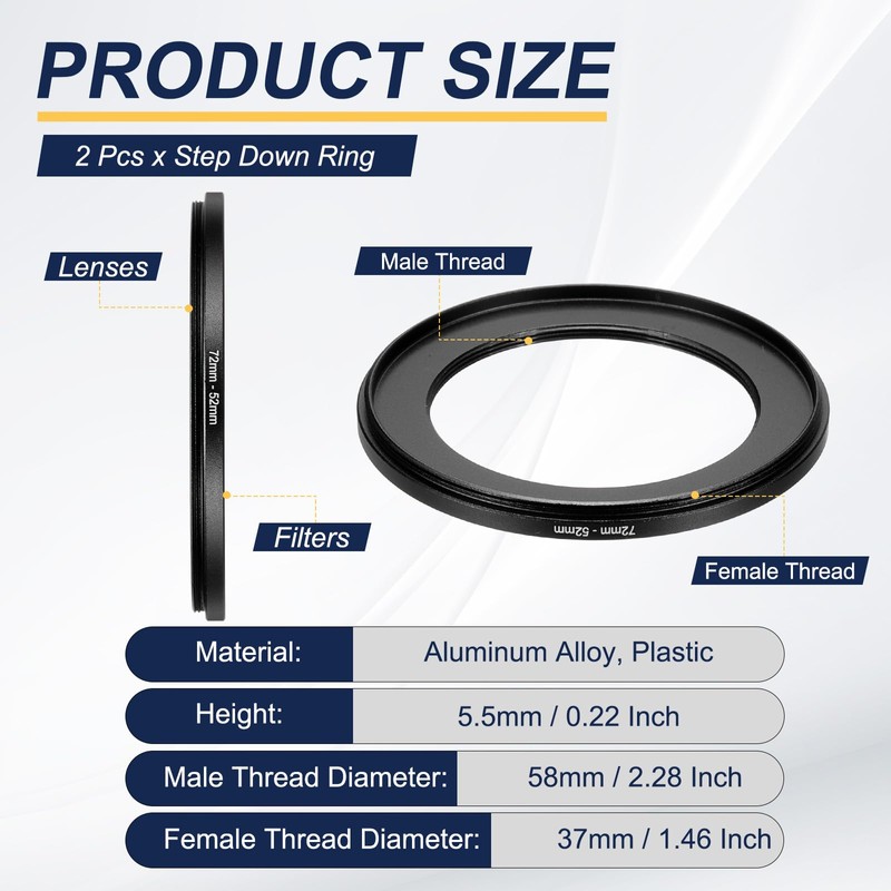 PATIKIL Step Down Ring Adapter 72mm to 52mm, 2 Pcs