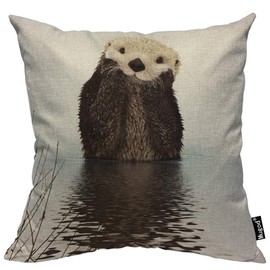 Mugod Otter Decorative Throw Pillow Cover Case Cute Fluffy Otter Floating in The River Brown and White Cotton Linen Pillow Cases Square Standard Cushion Covers for Couch Sofa Bed 18x18 Inch
