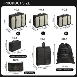 7 PCS Packing Cubes for Suitcase, Travel Luggage Packing Organizers for Backpack, Waterproof Travel Essentials Bags, Travel Cubes Accessories for Men Women, Black