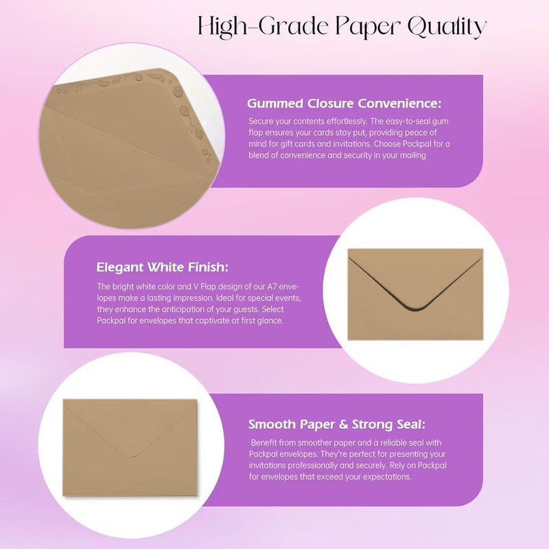Packpal 50PACK 5x7 Envelopes for Invitations, Brown A7 Envelopes, Perfect
