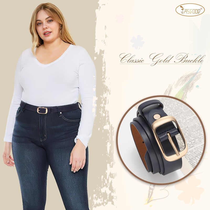 JASGOOD Women Black Large Leather Belt Plus Size Polished Buckle
