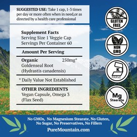 Pure Mountain Botanicals Goldenseal Capsules - Kosher Vegan Caps with 250mg Organic Goldenseal Root Supplement