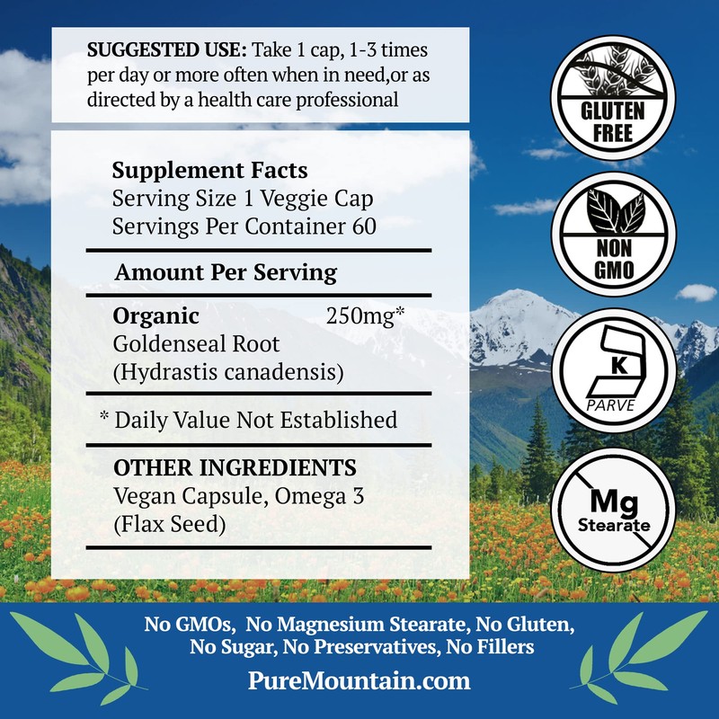 Pure Mountain Botanicals Goldenseal Capsules - Kosher Vegan Caps with