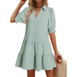 Dokotoo Casual Lapel Collared V Neck Short Sleeve Womens Dresses Mini Dress Pleated Womens Fashion Summer Dresses for Women 2025 Light Green Medium