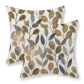 JEFERSO Blue Gold Leaf Floral Pillow Covers 18x18 Inch Set of 2 Spring Decorative Pillow Cases Summer Watercolor Vintage Flowers Cushion Cover Farmhouse Decor Outdoor Throw Pillows for Couch Bed Sofa