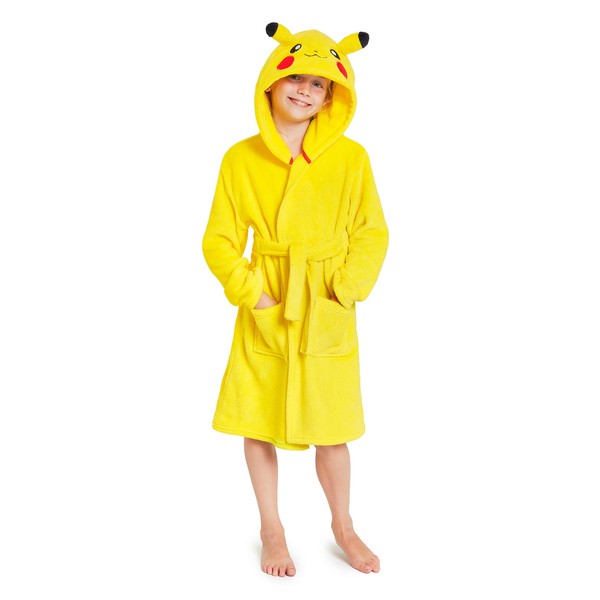 Pokémon Robe De Chambre Enfant De Pikachu, Peignoir Garçon Ou Fille en Polaire Douce avec Capuche Taille 4-14 Ans (Jaune, 13-14 Ans)