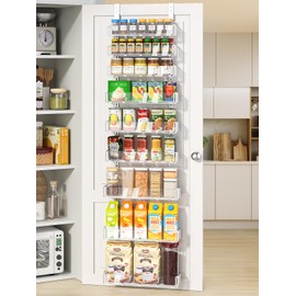 Delamu 9-Tier Over the Door Pantry Organizer with Acrylic Panel, Pantry Organization and Storage, White Hanging Basket Wall Spice Rack Seasoning Shelves, Home Kitchen Bedroom Bathroom House Essentials