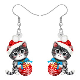 TIZURO Christmas Acrylic Fun Tabby Cat Earrings Cartoon Bow Kitten Pets Animals Dangle Novelty Jewellry For Women Xmas Charms Winter Gifts (Grey)