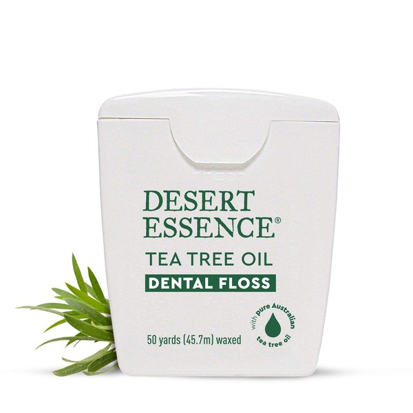 Desert Essence Tea Tree Oil Dental Floss - 50 Yards - Naturally Waxed w/ Beeswax - Thick Flossing No Shred Tape - On The Go - Removes Food Debris Buildup - Cruelty-Free Antiseptic
